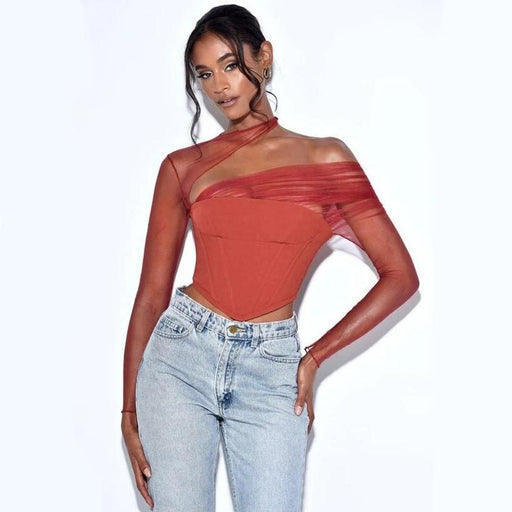 Sheer mesh sleeve strapless backless crop top - MRSLM