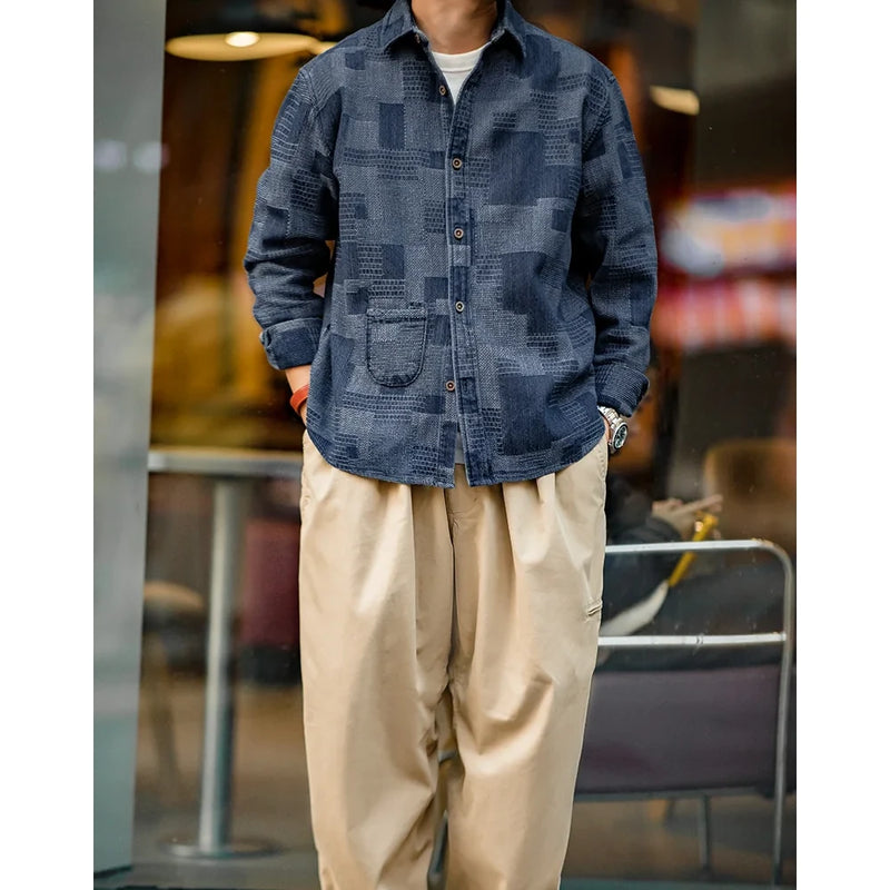 retro jacquard denim shirt for men, view 6 - MRSLM