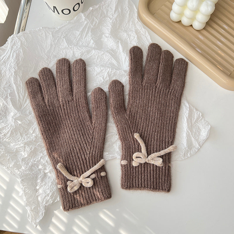 Solid-color bow warm finger gloves, view 11 - MRSLM