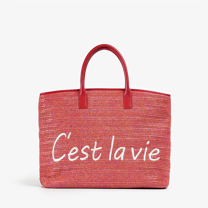 casual straw tote bag with letter decoration, view 4 - MRSLM