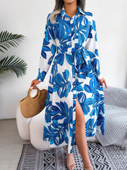 floral lapel shirt dress with long skirt, view 10 - MRSLM