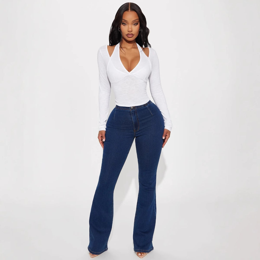 Women's Off-the-shoulder V-neck Fake Two-piece Top Slim Fit
