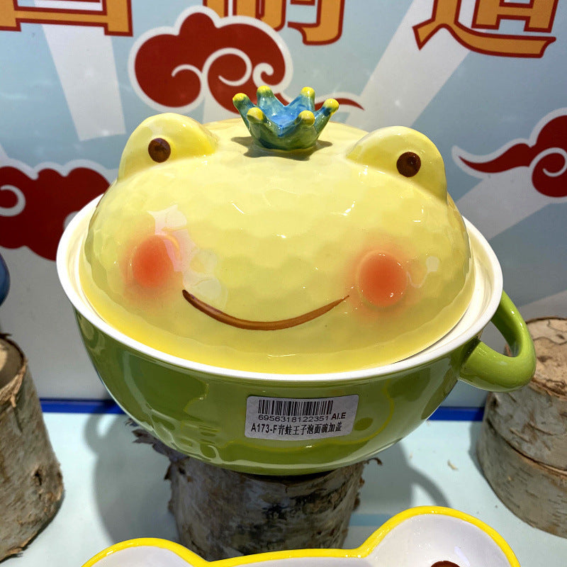 ceramic frog instant noodle bowl with lid, view 9 - MRSLM