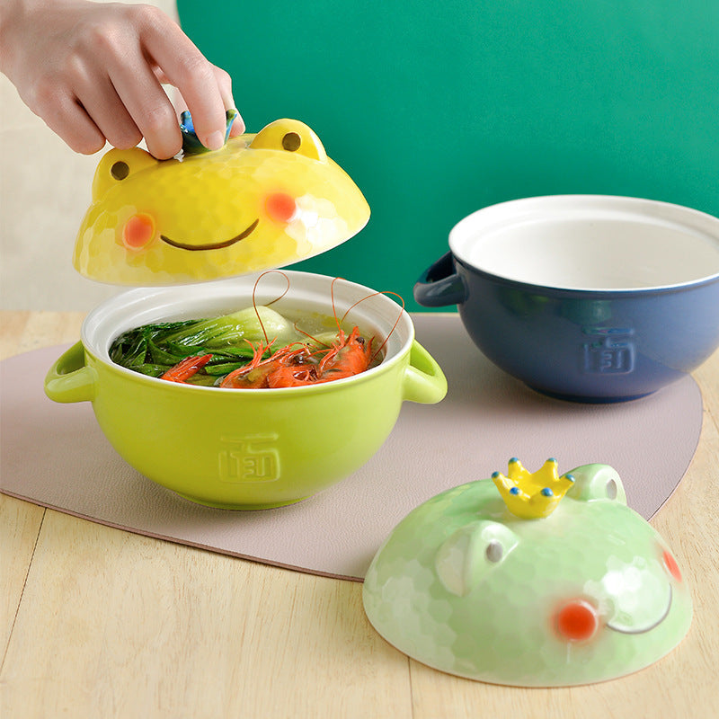 ceramic frog instant noodle bowl with lid, view 3 - MRSLM