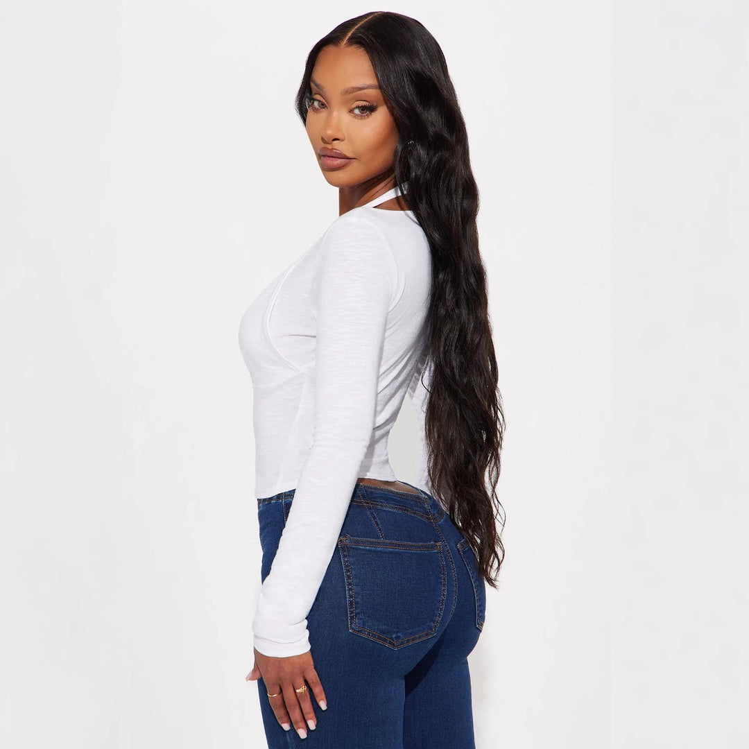 Women's Off-the-shoulder V-neck Fake Two-piece Top Slim Fit