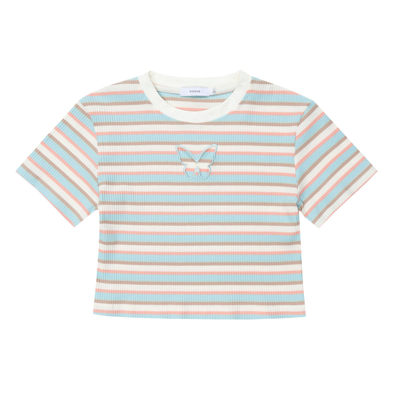 striped butterfly embroidered crop t-shirt, view 3 - MRSLM