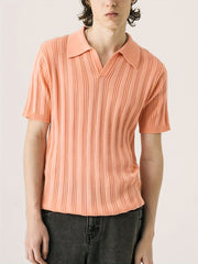 mens lapel solid color knitted short sleeve top, view 6 - MRSLM