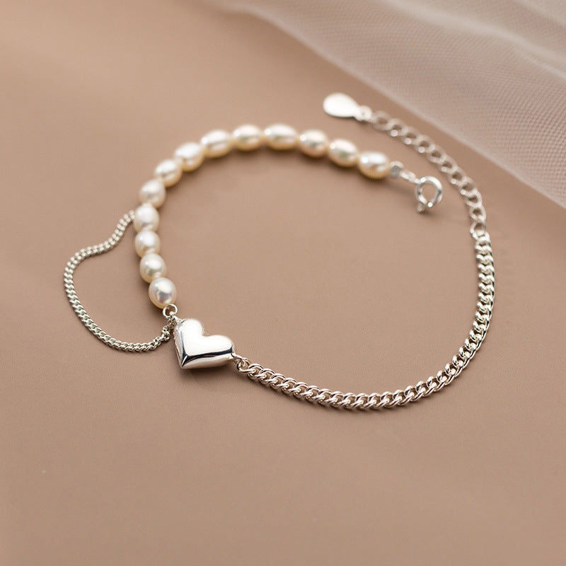 silver heart pearl chain bracelet, view 4 - MRSLM