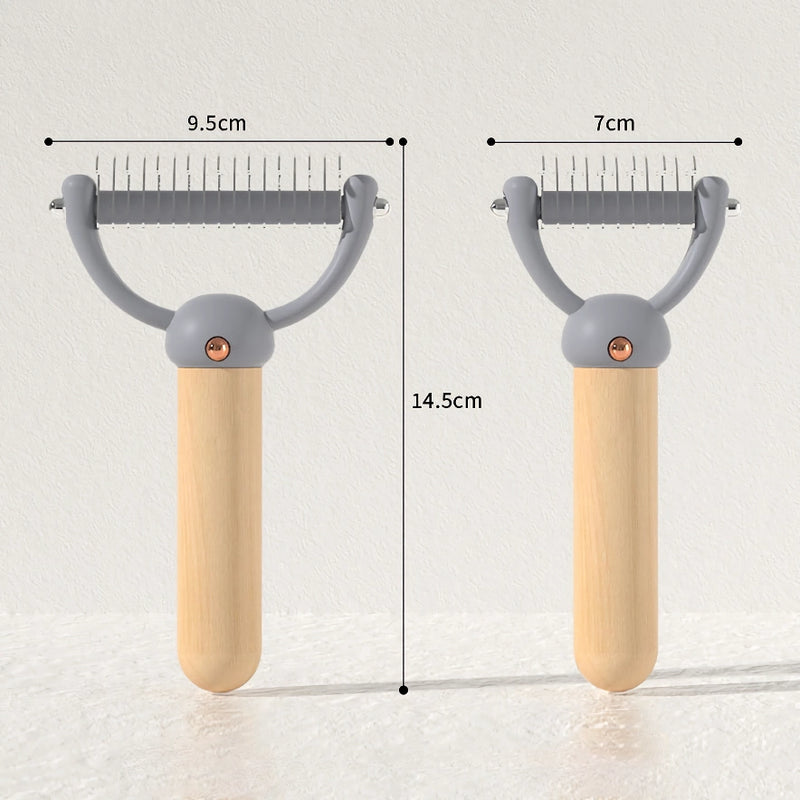 double-sided pet hair comb with wooden handle, view 13 - MRSLM