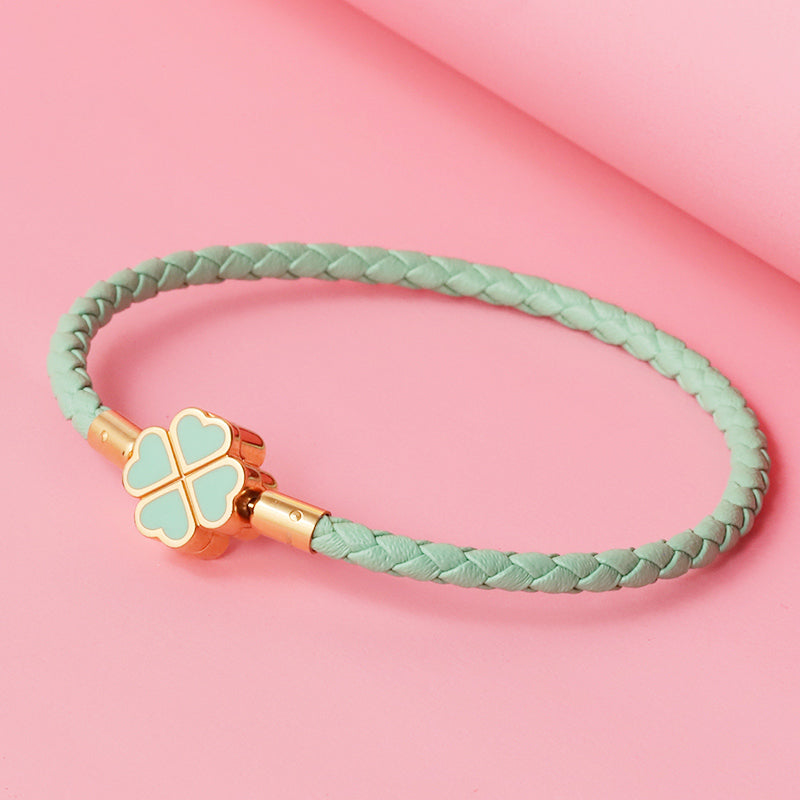 four-leaf clover braided leather bracelet, view 9 - MRSLM
