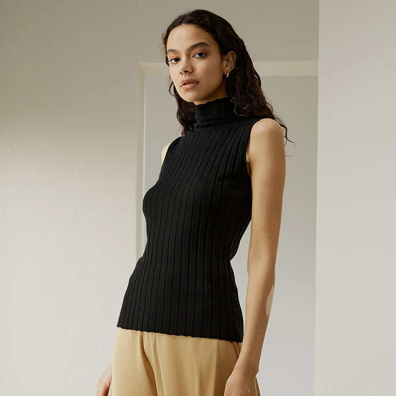 Silk-cashmere sleeveless mock neck tank top, view 3 - MRSLM