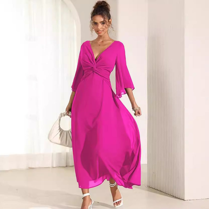solid v-neck chiffon dress, view 3 - MRSLM