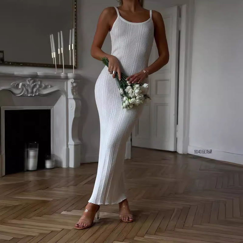 minimalist knitted suspender dress, view 3 - MRSLM