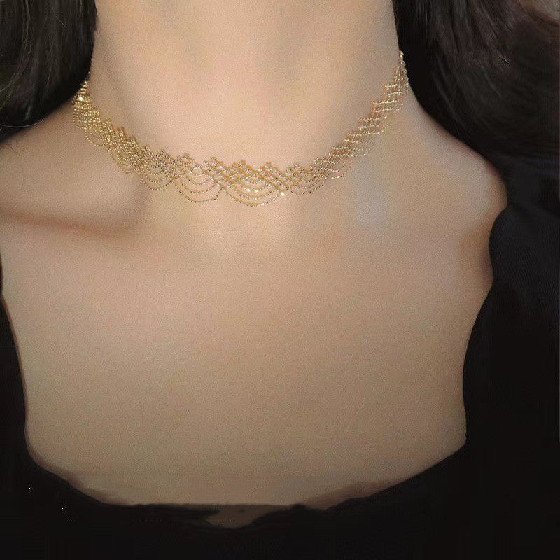 silver gold bead lace clavicle chain necklace, view 6 - MRSLM