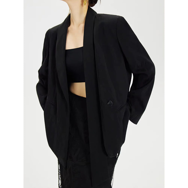 black blazer coat with neckline ribbon, view 5 - MRSLM