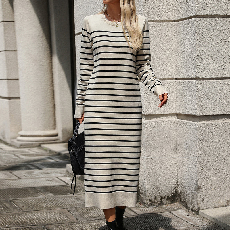 Slim striped printed long dress with long sleeves, view 5 - MRSLM