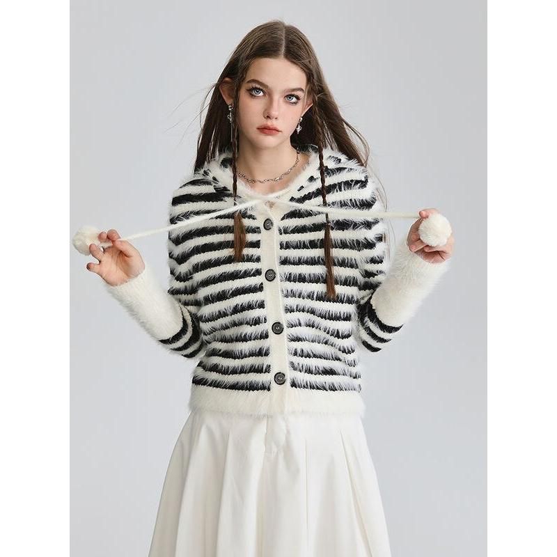 striped hooded mohair cardigan, view 5 - MRSLM