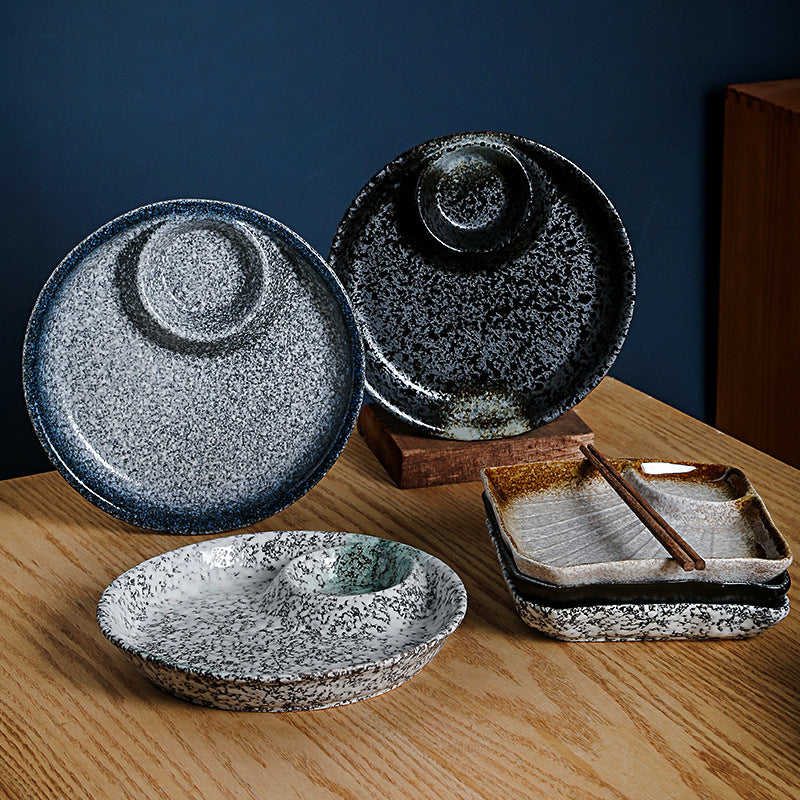 ceramic dumpling plate with sauce compartment, view 4 - MRSLM