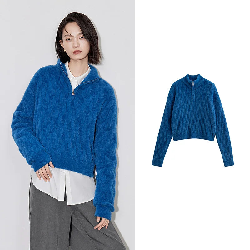 women's grid pattern knitted zipper sweater, view 2 - MRSLM
