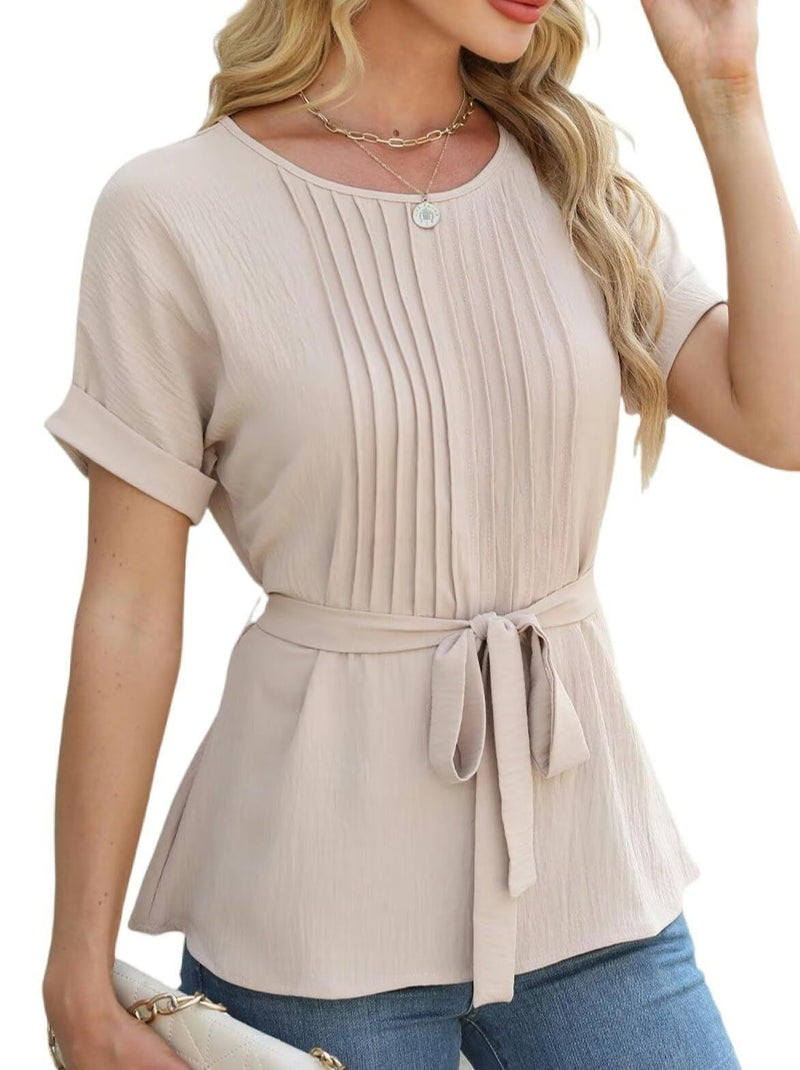 Women's ruffled pleated round neck top, view 10 - MRSLM