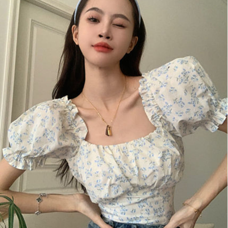 square collar puff sleeve floral shirt, view 9 - MRSLM