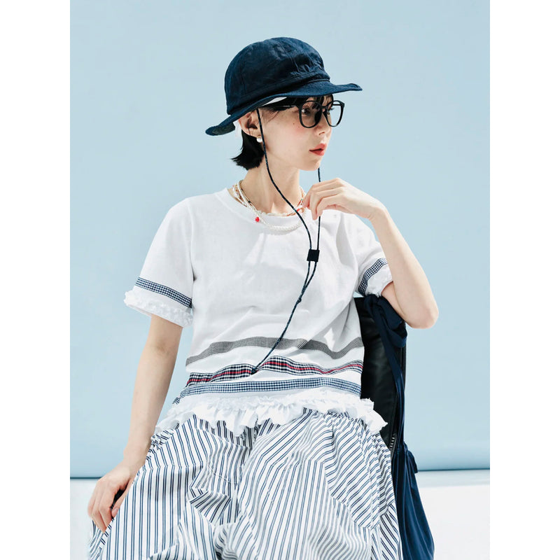 plaid lace color block T-shirt, view 2 - MRSLM