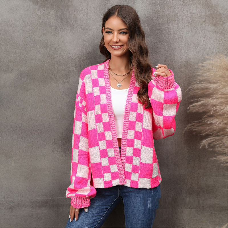 women's plaid knit cardigan coat - MRSLM