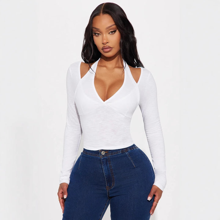 Women's Off-the-shoulder V-neck Fake Two-piece Top Slim Fit