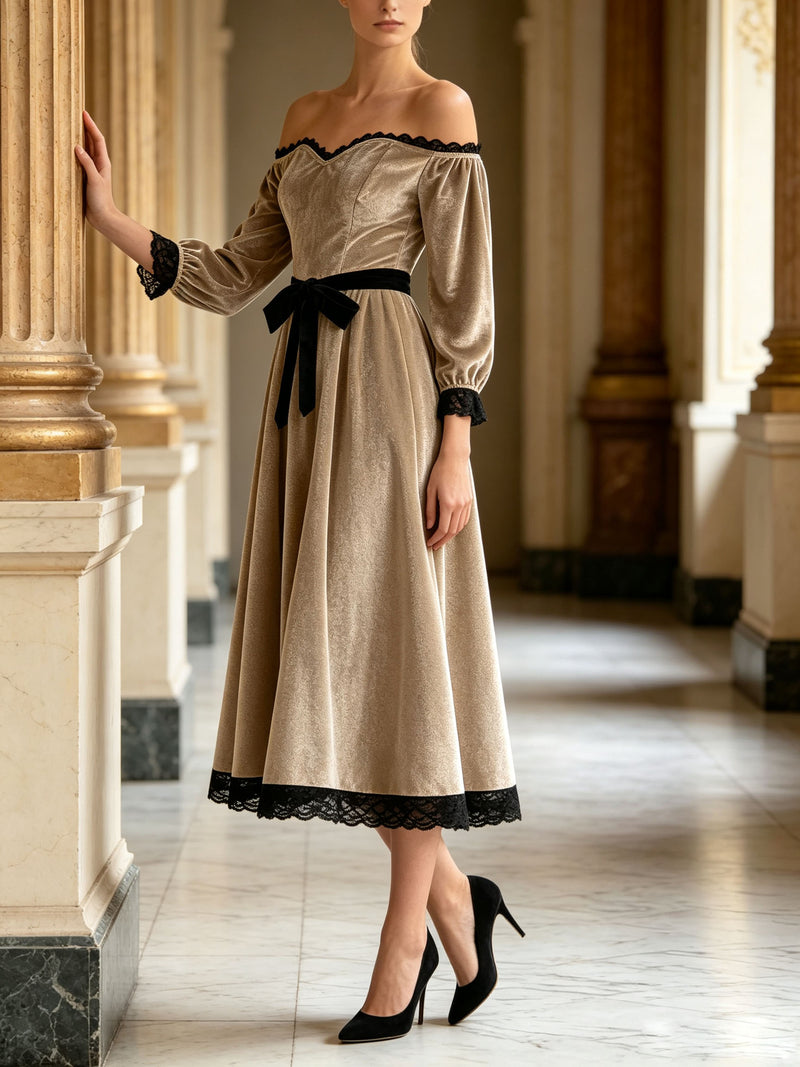 Off-shoulder velvet midi dress with lace trim and bow, view 10 - MRSLM