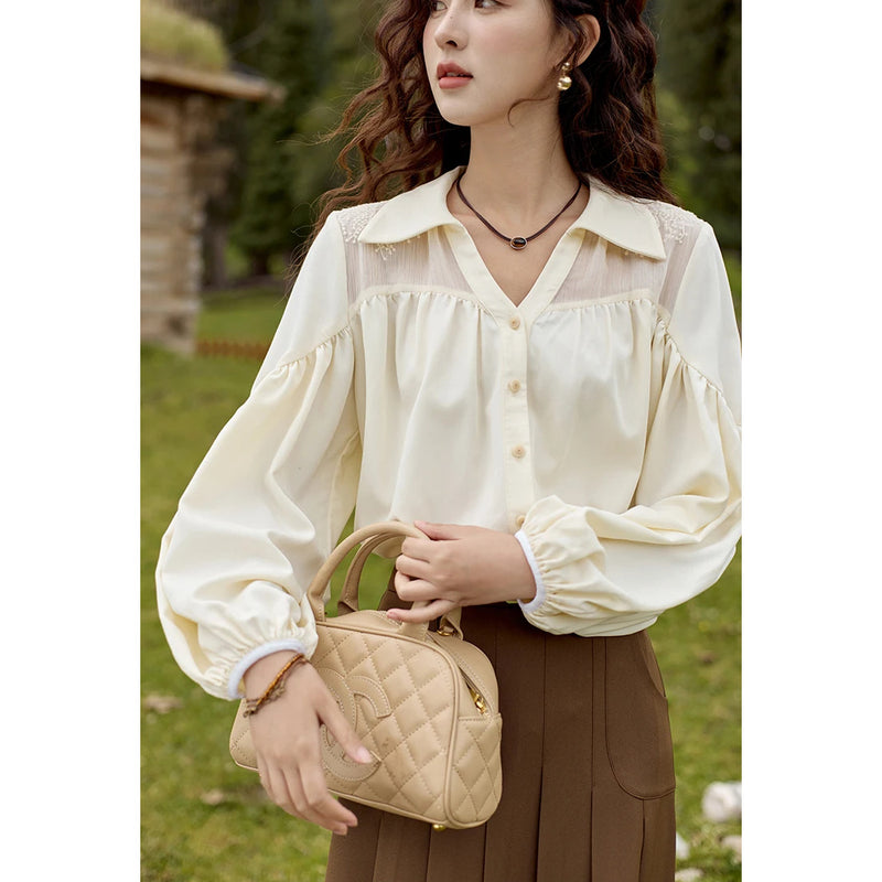 bubble sleeve v neck embroidery shirt, view 3 - MRSLM