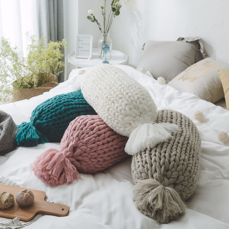 candy shape chunky knit pillow with tassels, view 8 - MRSLM