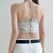 khaki denim tube top with contrast buttons, view 6 - MRSLM