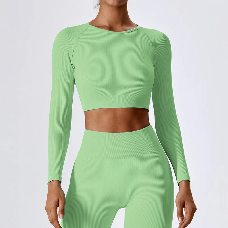 Women's ribbed long sleeve yoga crop top, view 7 - MRSLM