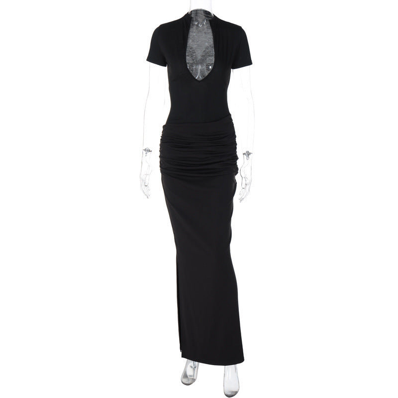 deep V pleated long dress, view 6 - MRSLM