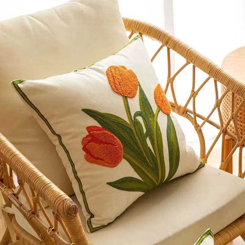 floral embroidered tulip and orchid cushion cover, view 9 - MRSLM