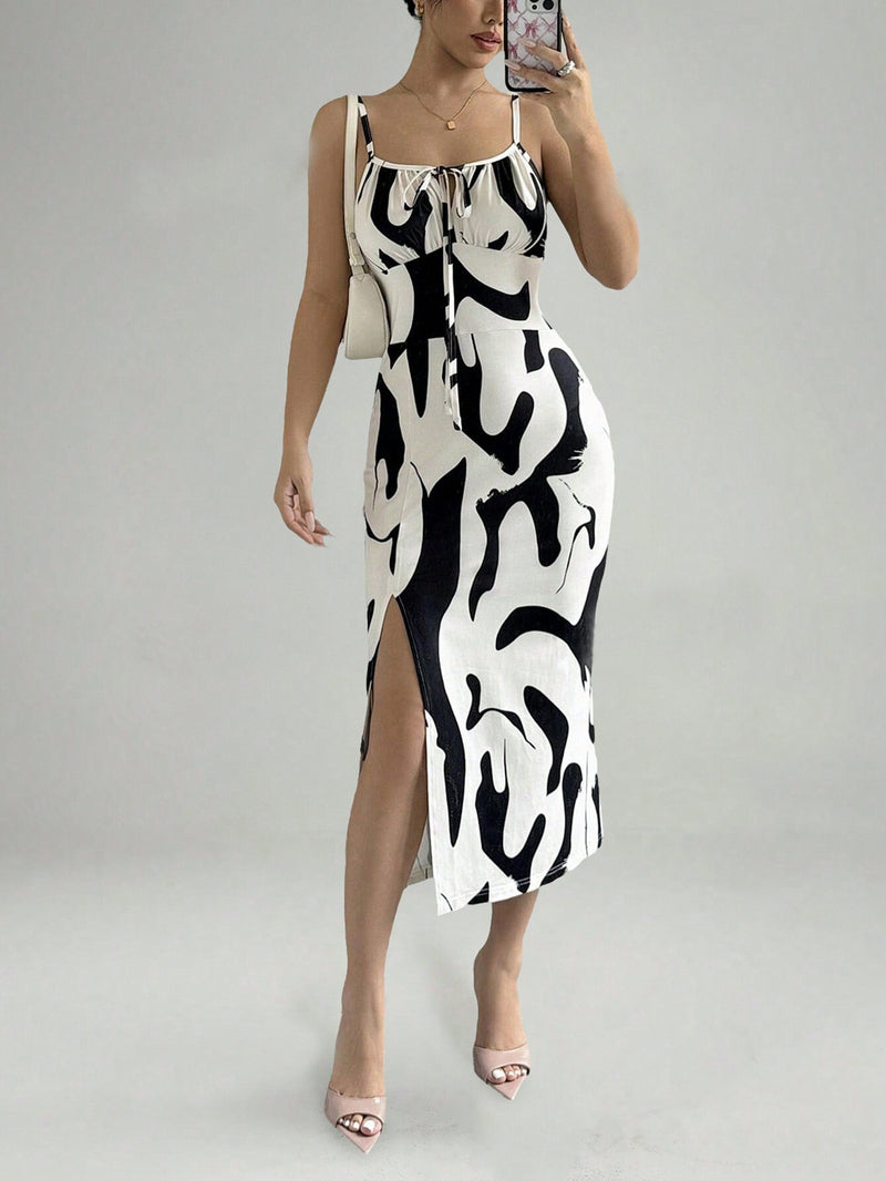 Printed suspender split dress with lace-up waist, view 10 - MRSLM
