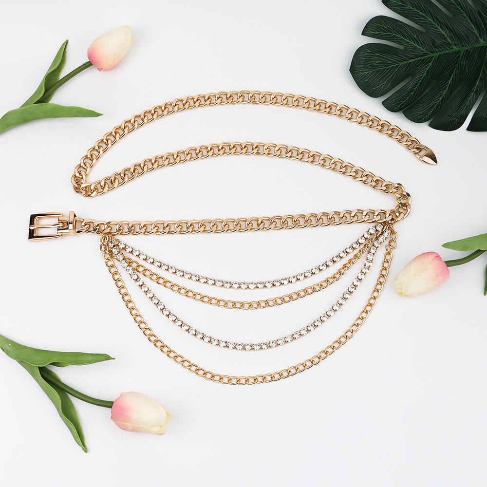 Waist Chain Women Personality Pin Buckle Chain Belt Adornment Dress Gold Hollow