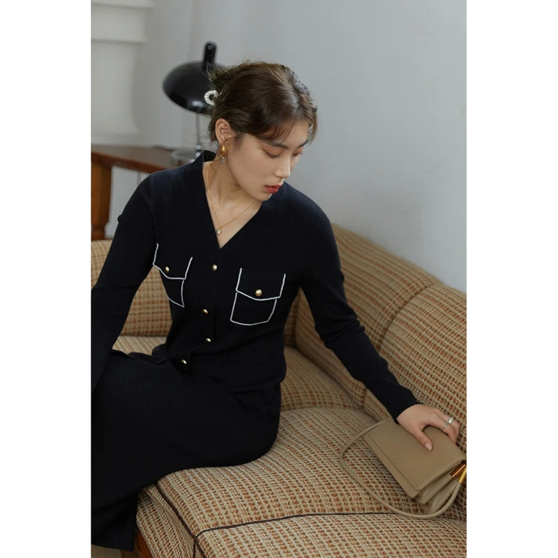 black v-neck knitted a-line dress, view 4 - MRSLM