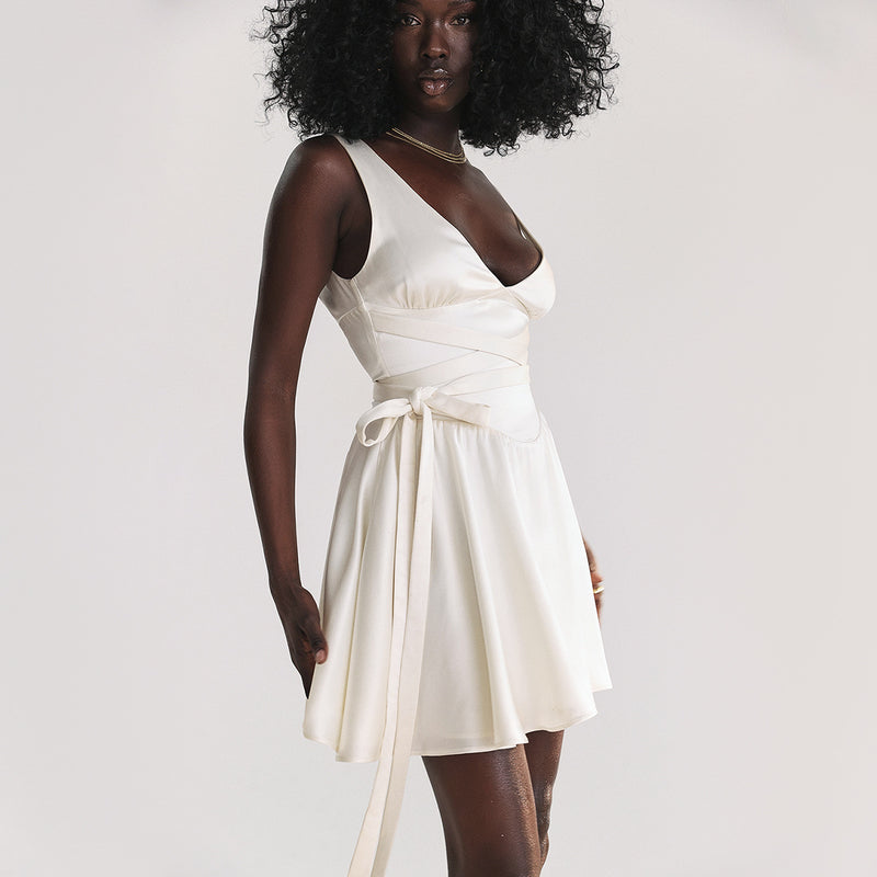 white backless satin mini dress with belt, view 7 - MRSLM