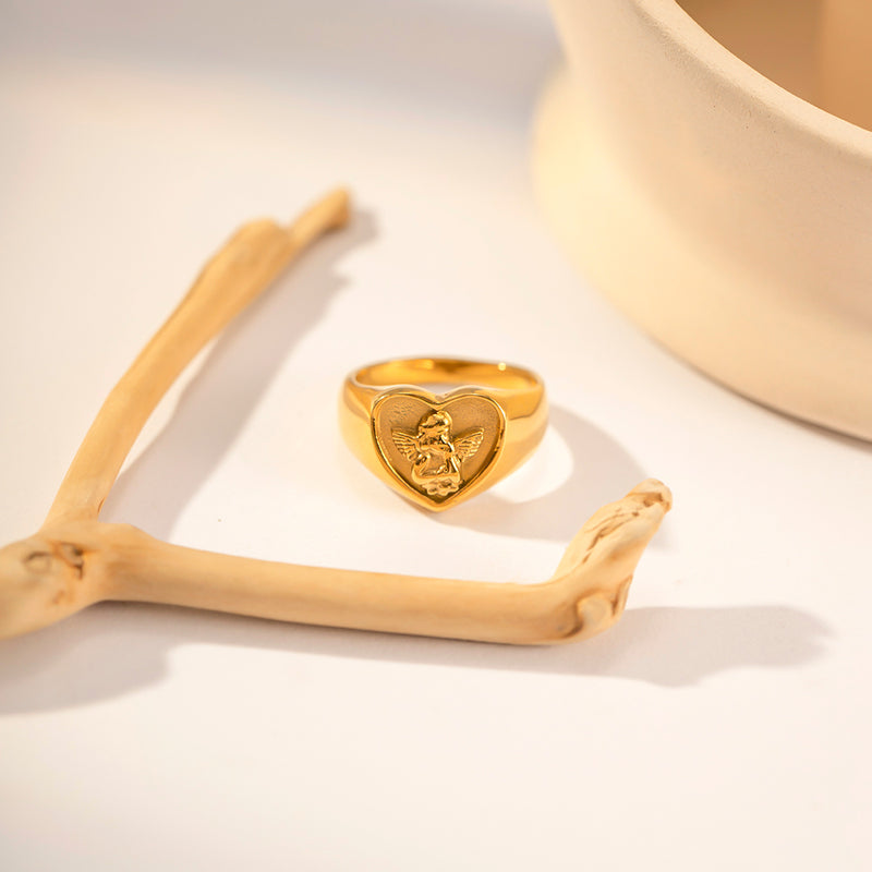 Heart angel gold plated chunky ring, view 4 - MRSLM