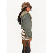 Women's vintage denim lambhair jacket, view 3 - MRSLM