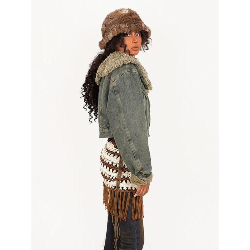 Women's vintage denim lambhair jacket, view 3 - MRSLM