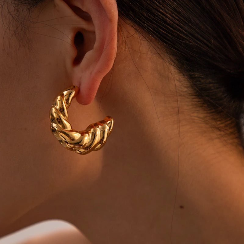 twisted C-shaped gold plated stud earrings, view 3 - MRSLM