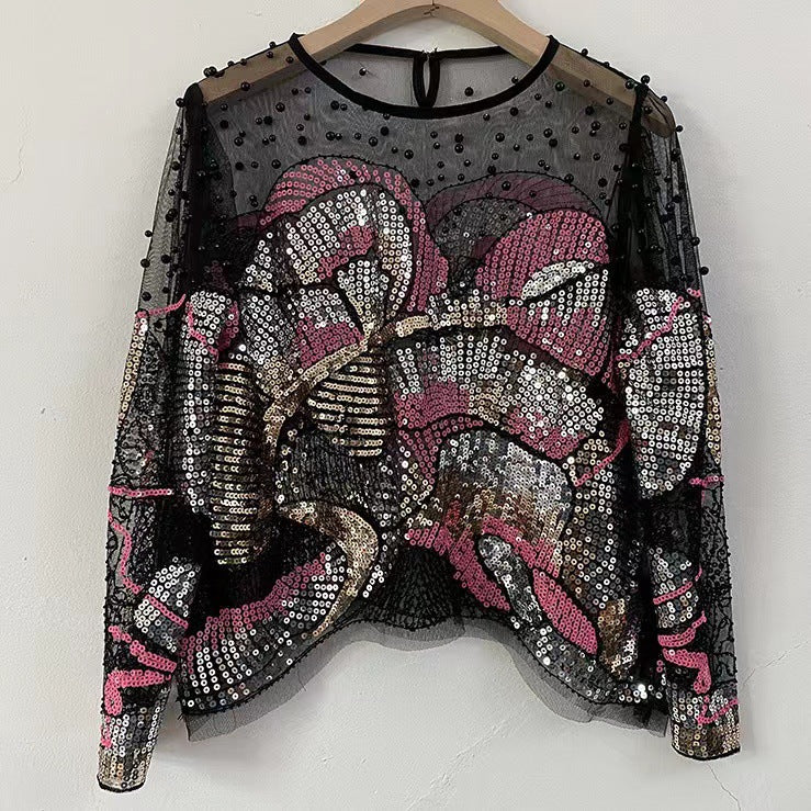 Light Luxury Beaded French Fashion Versatile Handmade Sequin Top