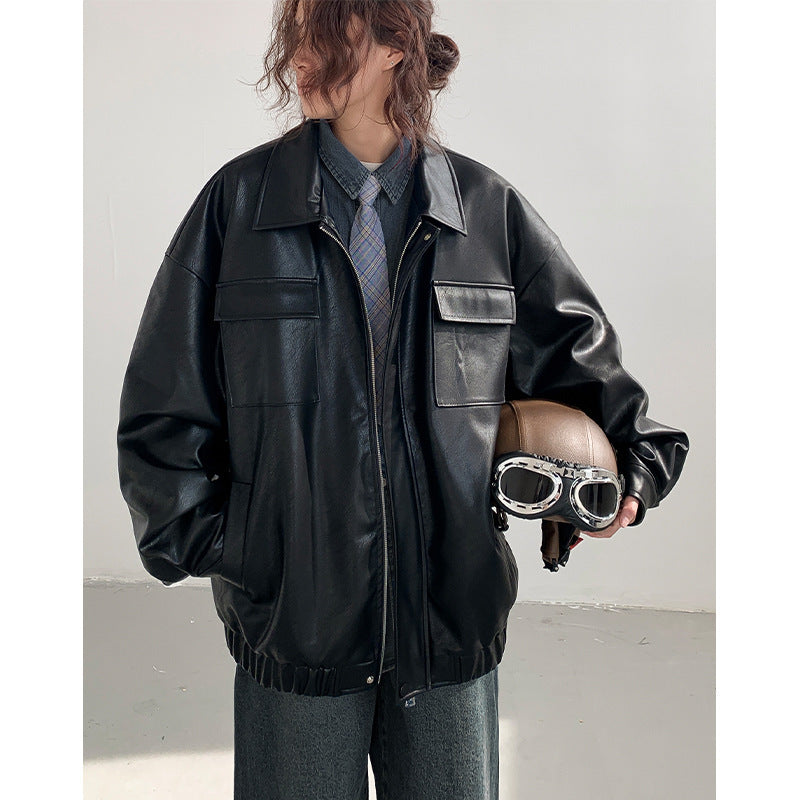 men's loose PU leather jacket, view 2 - MRSLM