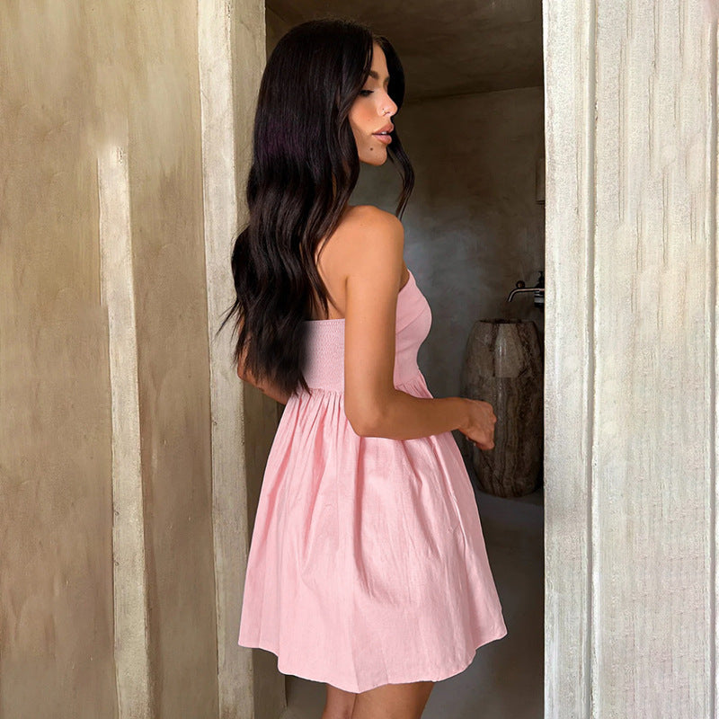 Slim fit short pink A-line dress, view 2 - MRSLM