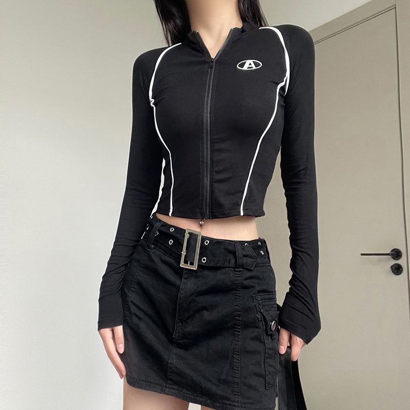letter embroidery zipper slim fit cardigan top, view 3 - MRSLM