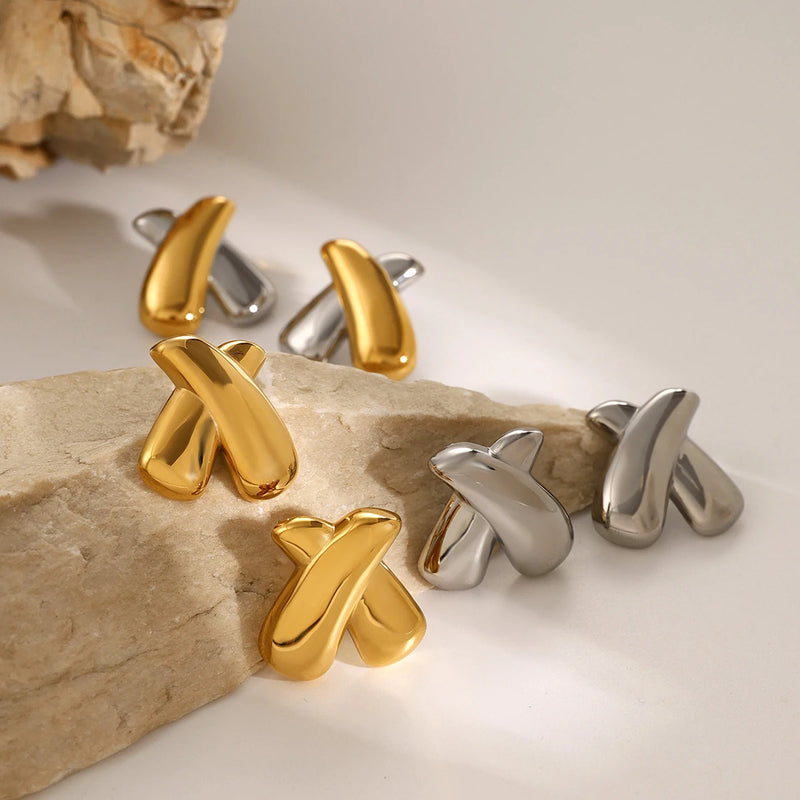 gold plated chubby X stud earrings, view 8 - MRSLM