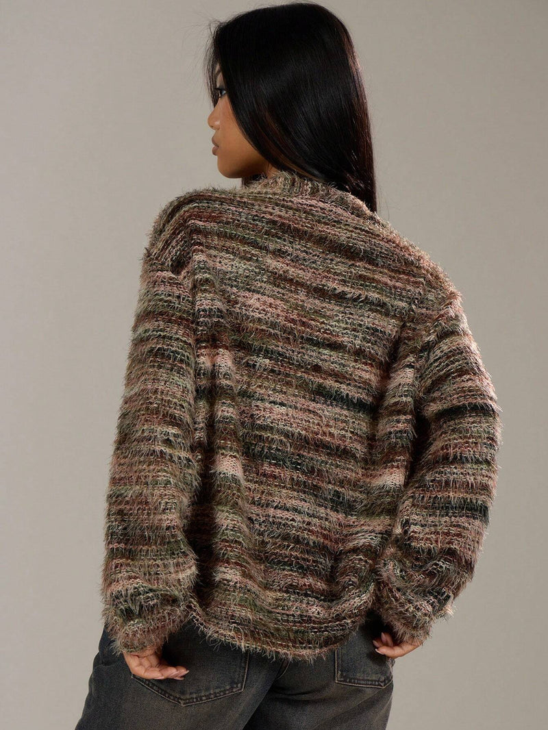 Women's fuzzy space-dye knit cardigan, view 6 - MRSLM