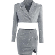 cutout v-neck shiny knit top and split skirt set, view 3 - MRSLM